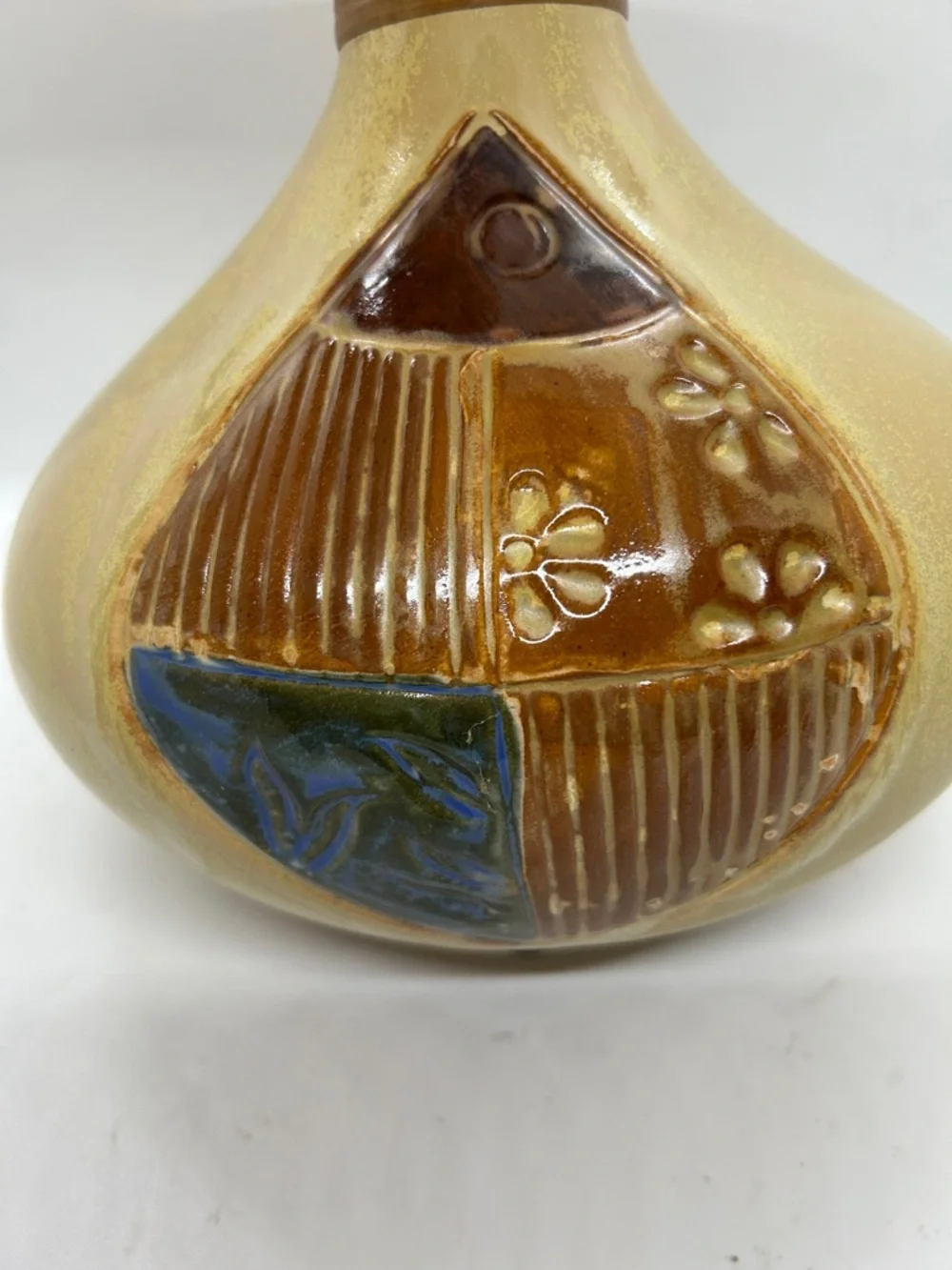 Vase Beige W/blue & Brown Flowers & Stripes Artwork On 2 Sides Unknown Origin